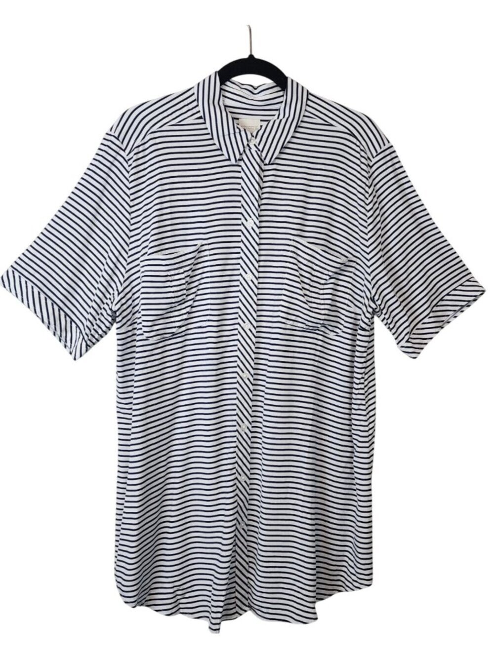 Chico's Women Silky Soft Navy White Striped Long Shirt Top Size 3  / XL New